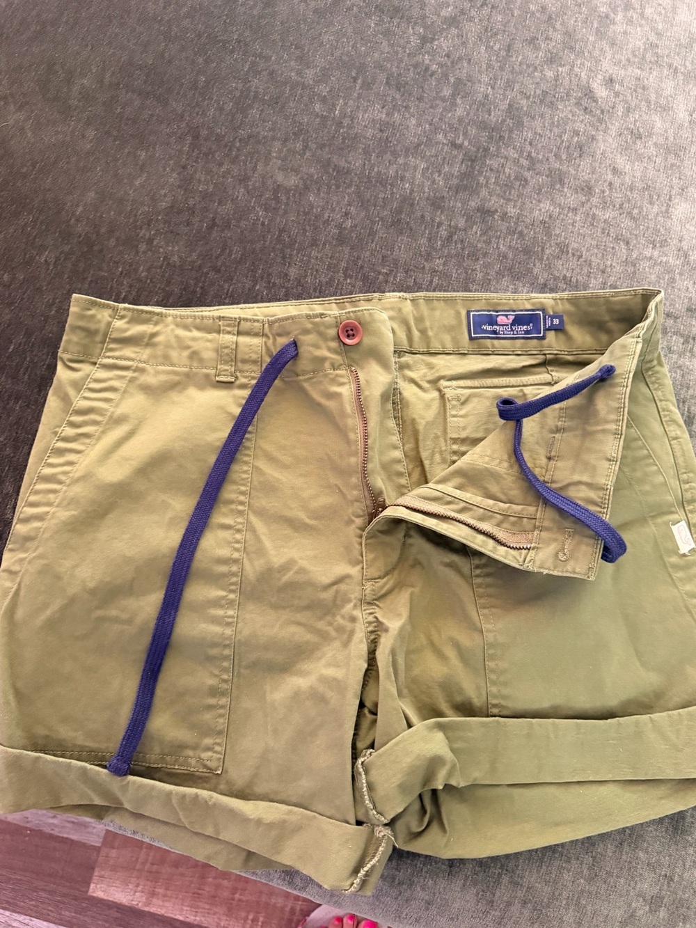 Vineyard Vines Olive Green Roll-Hem Shorts with Navy Drawstring